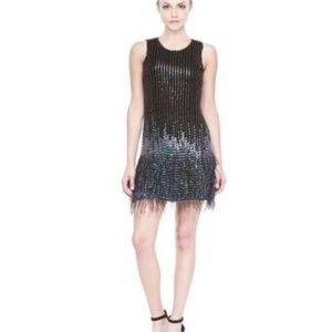 Parker Black Allegra Embellished Feather Hem Cocktail Dress Beaded